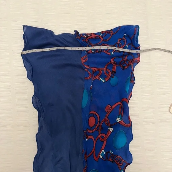 SCARF Blue Sheer Bias Cut Two Tone Blue Circles Pom Poms Ruffle Artsy Casual - Picture 11 of 12